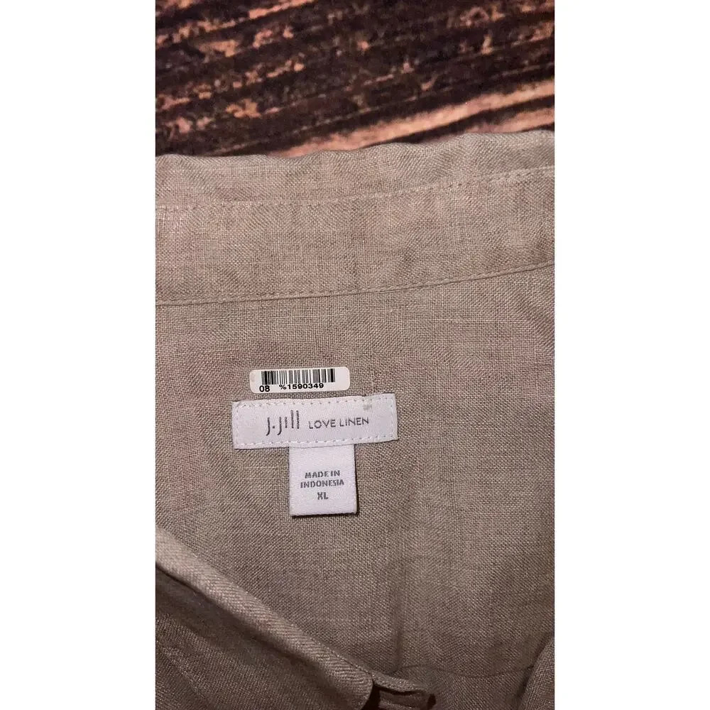 J. Jill Women's XL Beige Linen Asymmetrical Hem‎ V-Neck Collared Tunic Blouse - Picture 2 of 3